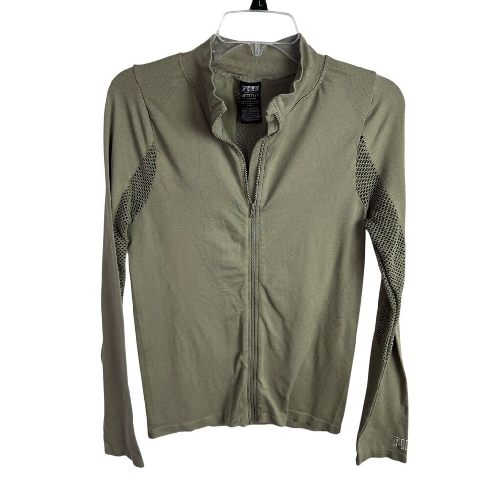 Victoria's Secret PINK Women's Active Jacket Size Large Olive Green Mesh Accent